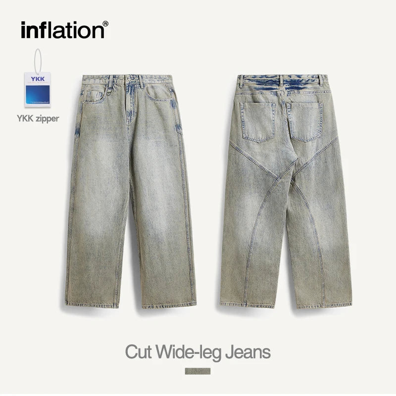 INFLATION Streetwear Oversized Irregular Stitching Jeans Men Washed Wide Leg Denim Pants Trousers