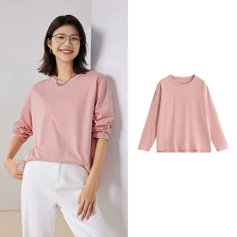 Toyouth Women Tees 2023 Autumn Long Sleeves O Neck Loose T-shirt 100% Cotton Solid Color Casual Simple Basic All-match Tops