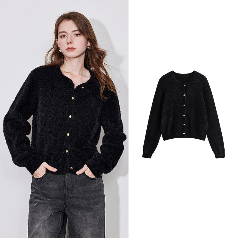 TOYOUTH Women Cashmere Sweater 2024 Autumn Winter fur Warm Round Neck Single Breasted Knitted Cardigan Jacket