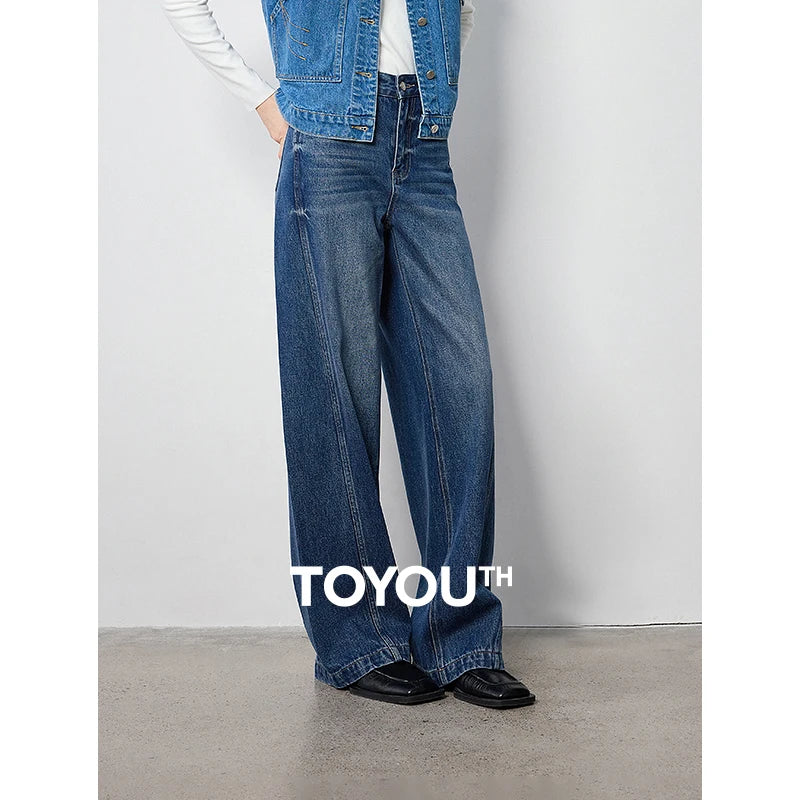 TOYOUTH Women Denim Jeans 2024 Autumn New Lazy Design Wide Leg Stright Split High Waist Towing Long Pants