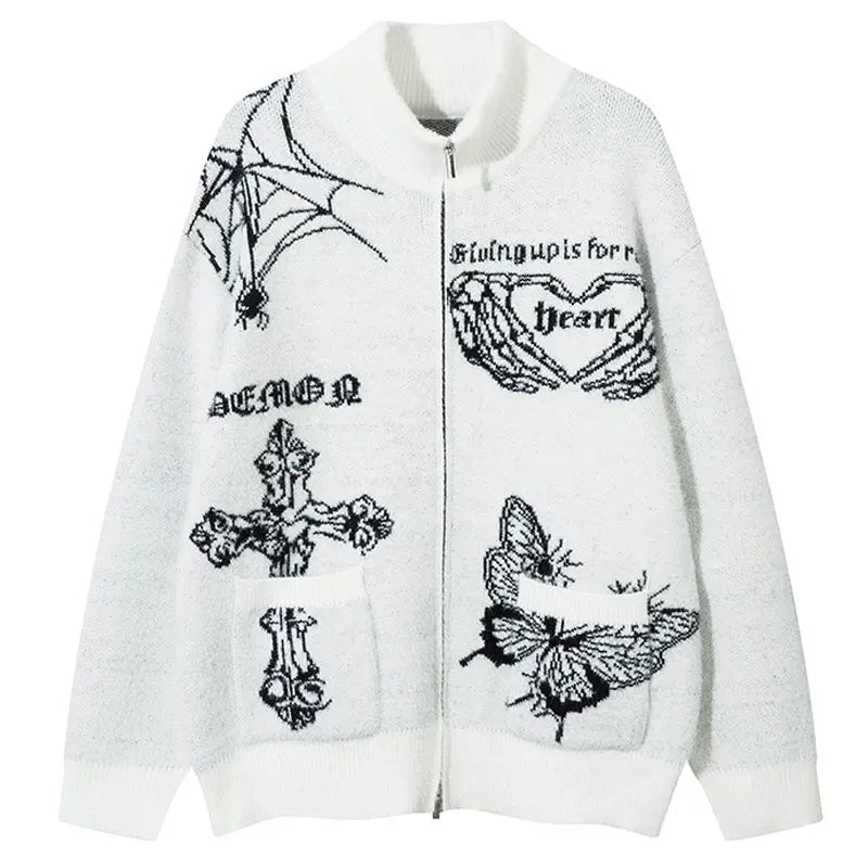 Vintage Oversize Sweater Cardigan Y2K Knitted Butterfly Double Zip Up Jumpers Streetwear Hip Hop Punk Gothic Loose Sweaters Coat