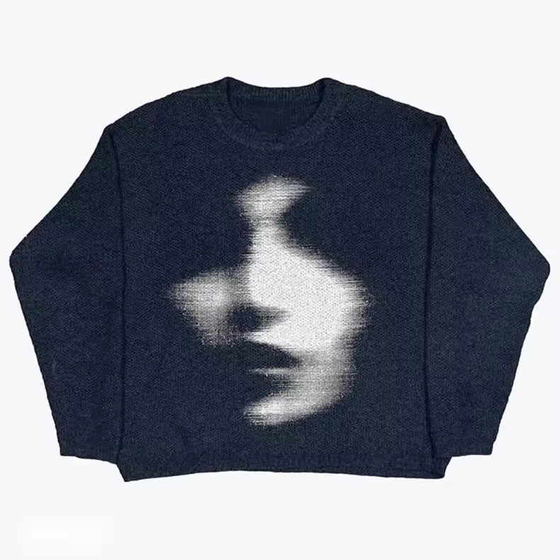 Y2k Portrait Sweater Men Vintage Knit Pullover Jumpers Gothic Winter Spooky Halloween Wool Knitwear Women Ugly Christmas Sweater