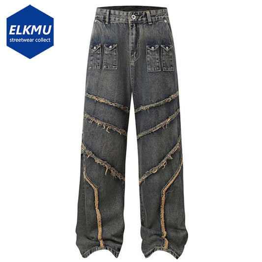 Vintage Blue Baggy Jeans Men's Patchwork Loose Straight Denim Pants Harajuku Streetwear Hip Hop Jeans Trousers Black