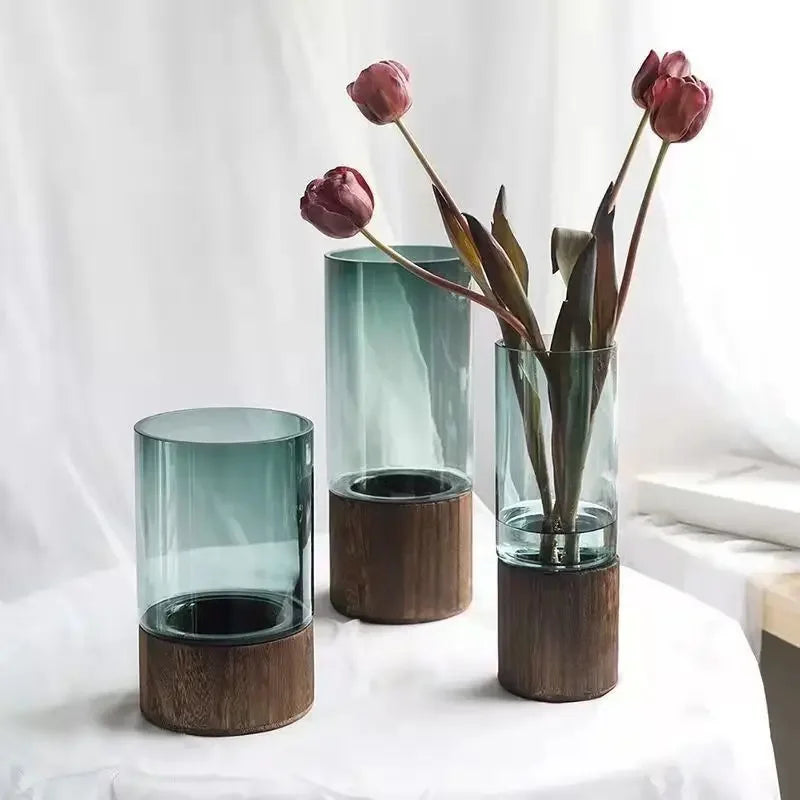 Vases Simple European Hydroponic Plant Household Living Room Table  Inserted Flower Wood Base Transparent Glass Vase Home Decor