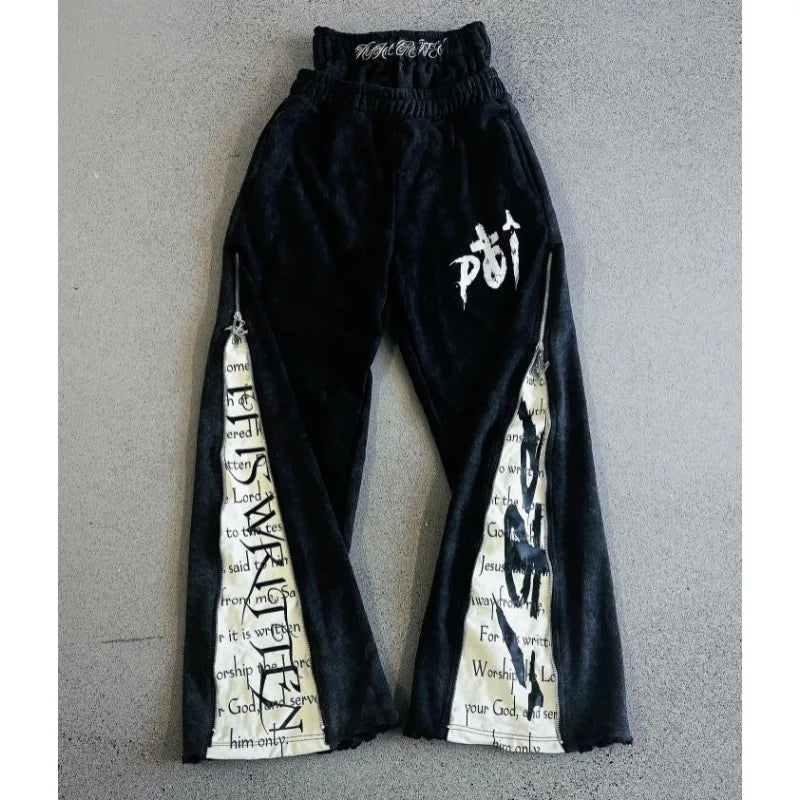 Y2K letter pattern side zipper elastic waist straight wide leg pants men winter clothes aesthetic niche simple popular sweatpant