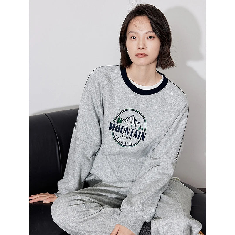 TOYOUTH Women Fleece Hoodies Sweatshirt 2024 Autumn New Round Neck Letter Printed Thicking Warm Pullover Tops