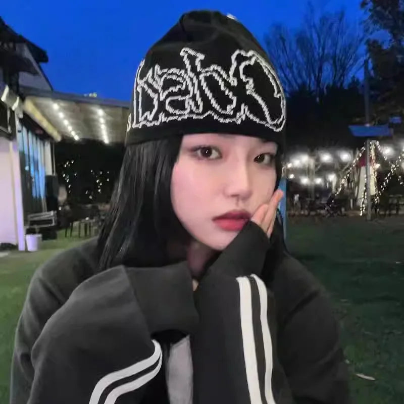 Women Beanie Hat Korean Fashion Knit Letter Winter Jacquard Hip Hop Harajuku Graphic Y2k Streetwear Unisex Pullover Accessories