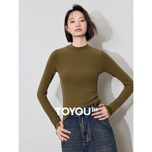 TOYOUTH Women Long Sleeve T-shirt 2024 Winter New Mousse Style Imitation Wool Warm Turtleneck Collar Bottoming Tops