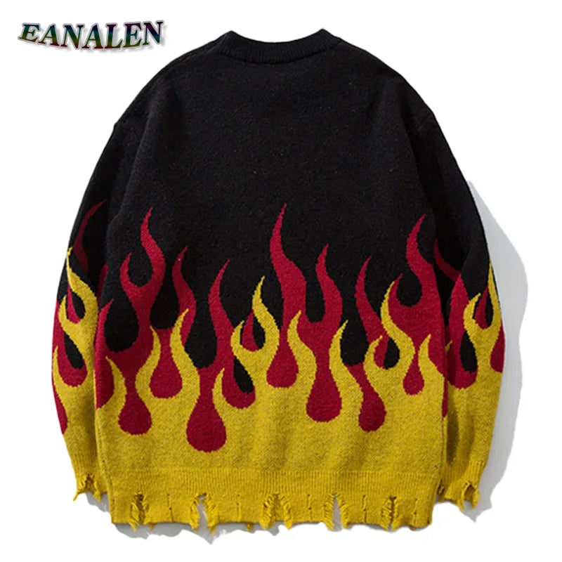 Harajuku Vintage Flame Broken Sweater Men's Winter Casual Oversized 23 Knitted Pullover Grandpa Ugly Sweater Women's Y2K Grunge