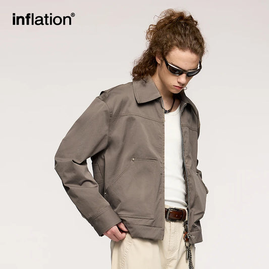 INFLATION Men Stretch Crop Cargo Jacket Studded Design New Arrival Vintage Turn-Down Collar Workwear Jacket Coat