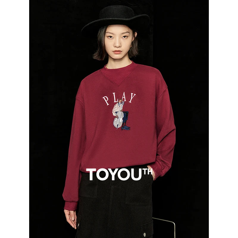 Toyouth Women Plush Sweatshirt 2023 Winter Long Sleeve Rib Round Neck Loose Hoodies Exquisite Embroidery Fashion Casual Tops