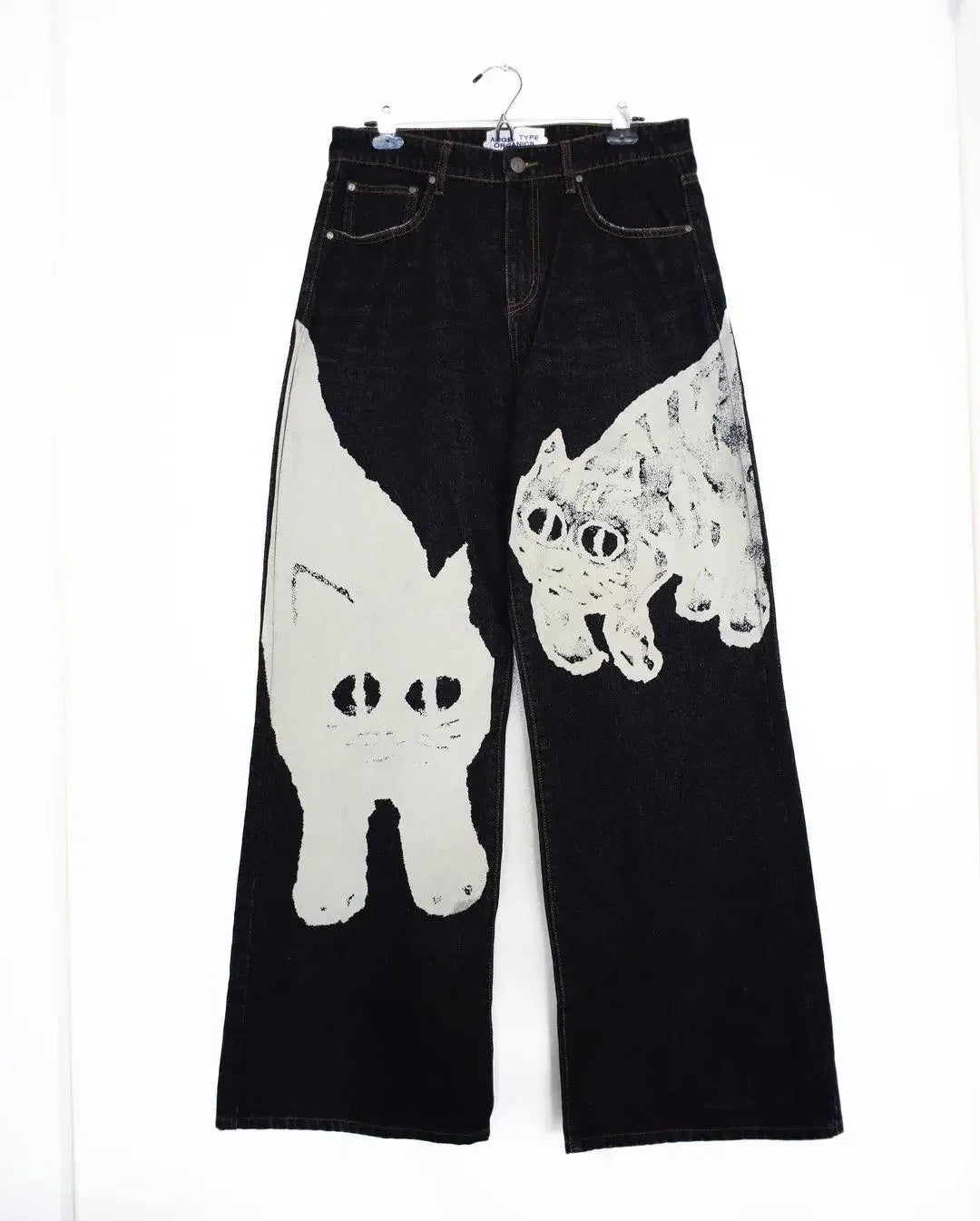 Japanese black high-waisted jeans oversized personality white cat print jeans for men and women Harajuku Y2K punk wide-leg pants