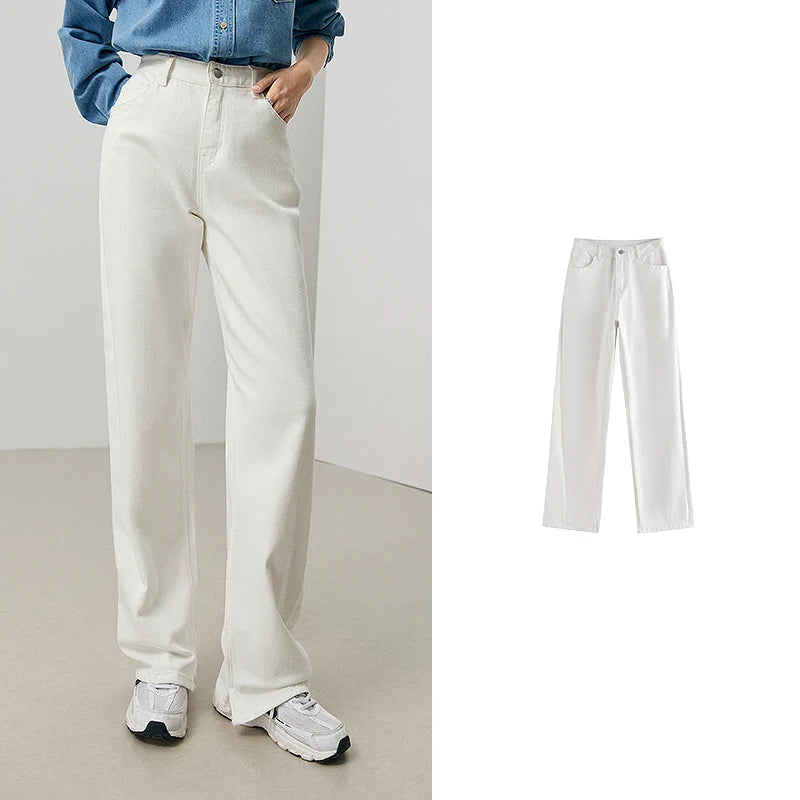 Toyouth Women Jeans 2023 Autumn High Waist Straight Long Pants Split Hem Splicing Design Fashion Casual White Blue Trousers