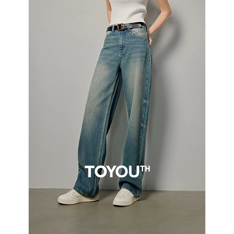 TOYOUTH 2024 High Waist Denim Trousers Female Loose Straight Jeans Women Streetwear Casual Long Pants