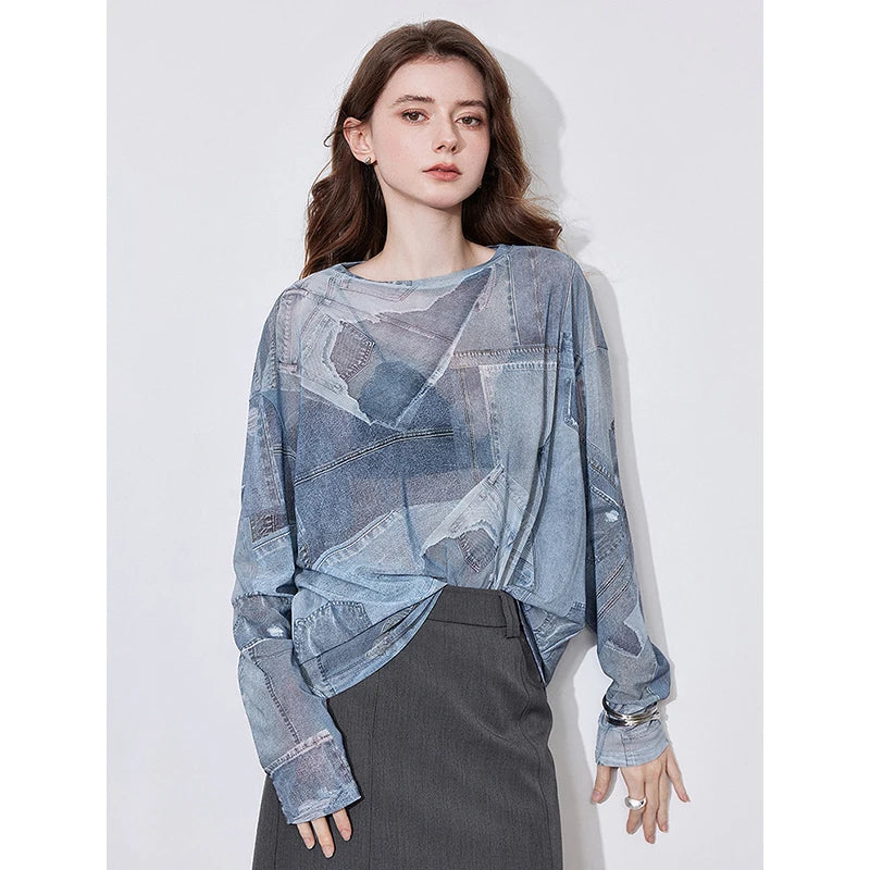 TOYOUTH Women Long Sleeve Tops 2025 Early Spring New Denim Printed Round Neck See-through Undercover Skin T Shirt