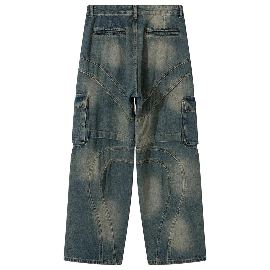 Vintage Baggy Cargo Jeans Pocket Patchwork Loose Straight Denim Pants Streetwear Harajuku Hip Hop Blue Baggy Jeans Unisex