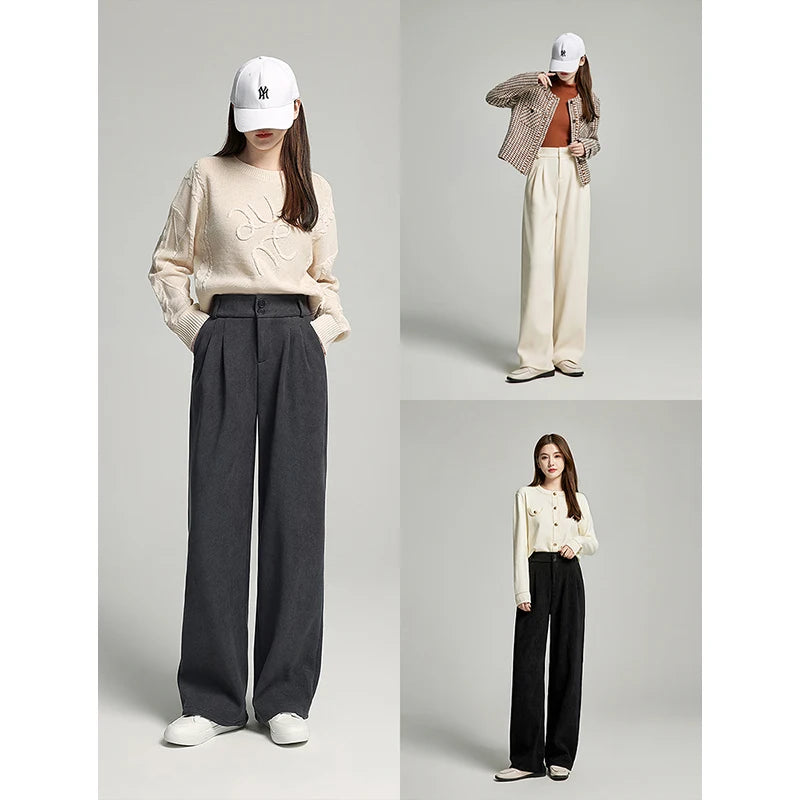 TOYOUTH Women Thicking Casual Pants 2024 Winter New Plush High Waist Straight Wide Leg Office Lady Long Pants