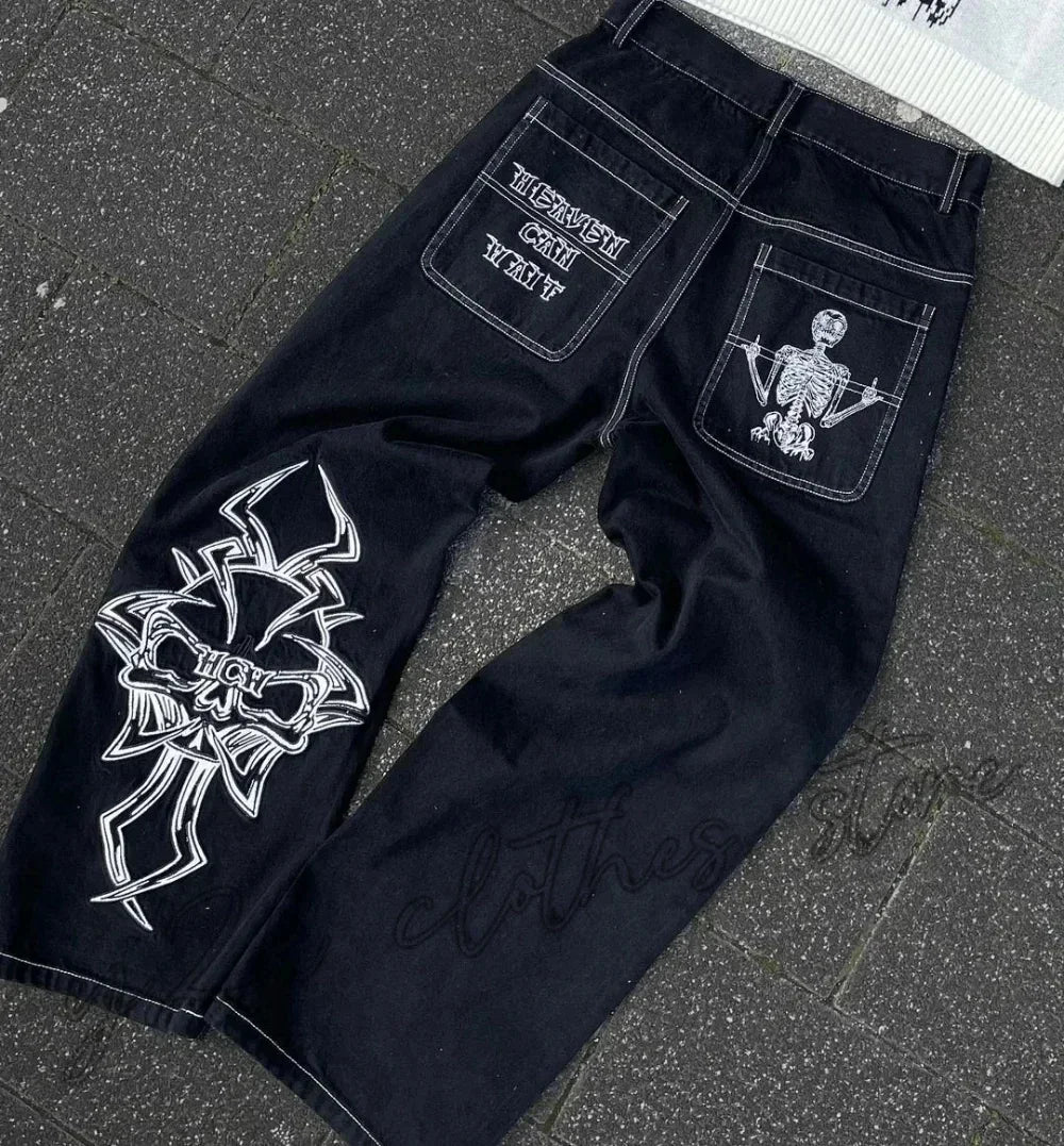 Retro Y2k Pants Hip Hop Goth Oversized Skull Pattern Baggy Jeans Wide Legs Low Waist Sports Skateboard Denim Trousers Streetwear