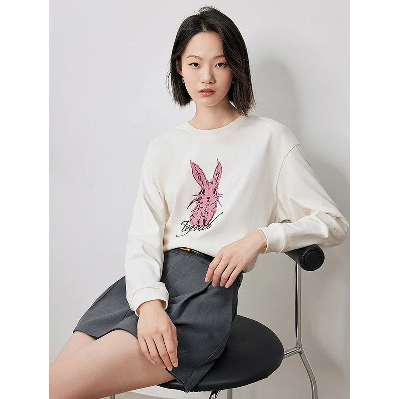 TOYOUTH Women Long Sleeve T-shirt 2024 Autumn New Rabbit Printed Pullover White Tops