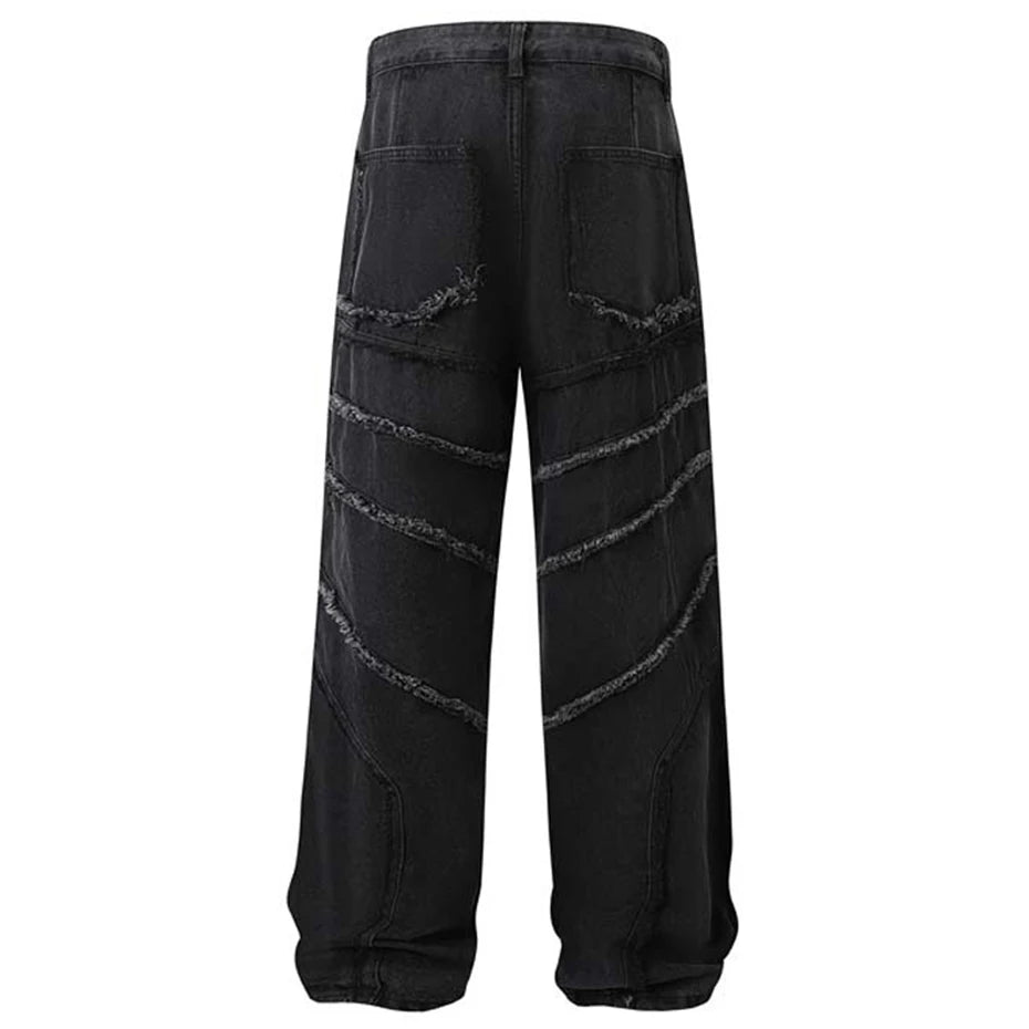 Vintage Blue Baggy Jeans Men's Patchwork Loose Straight Denim Pants Harajuku Streetwear Hip Hop Jeans Trousers Black