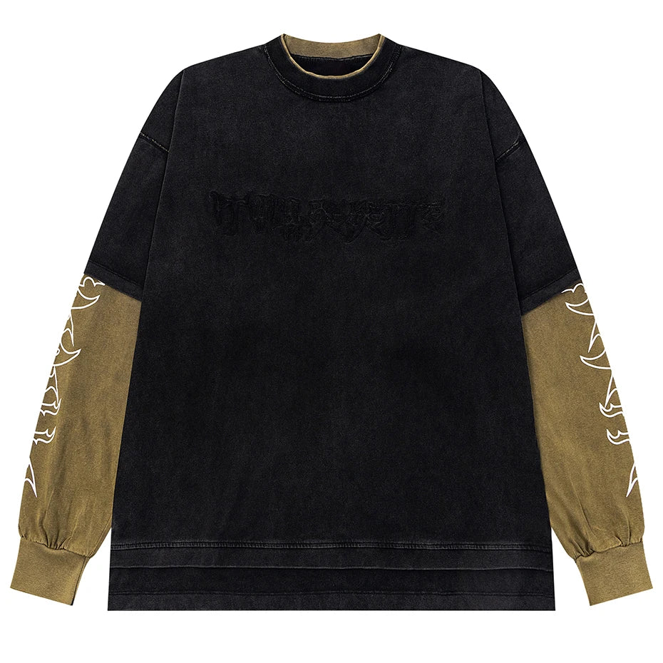 Men's Vintage Oversized T Shirts Fake Two Piece Long Sleeve T-shirts Streetwear Harajuku Hip Hop Tshirt Long Sleeve Tee Tops