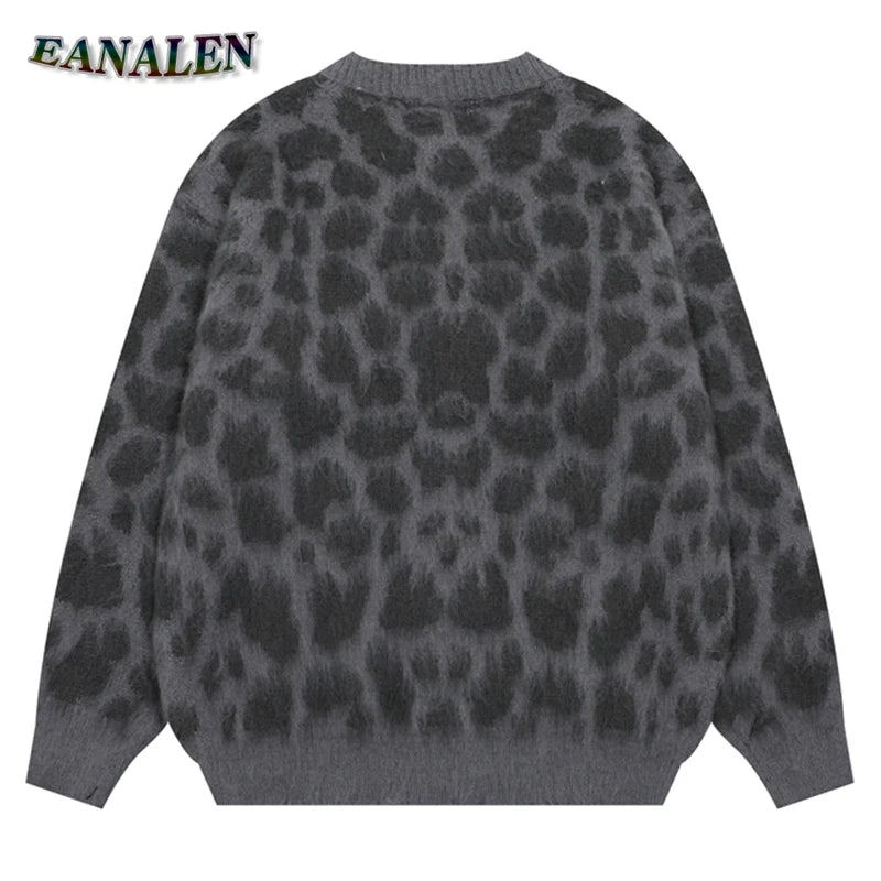 Harajuku Vintage Leopard Graphic Sweater Cardigan Women's Winter Casual Oversized Designer Jumper Grandpa Ugly Sweater Coat Y2K