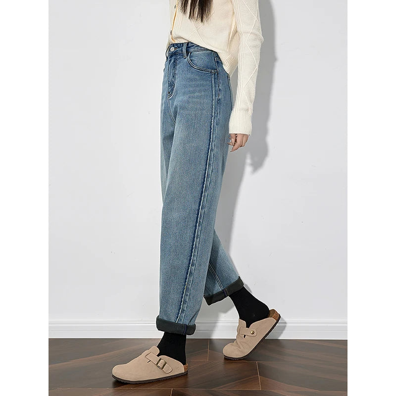 TOYOUTH Women Fleece Denim Jeans 2024 Autumn and Winter New Streetwear Style Straight Wide Leg Light Blue Banana Pants