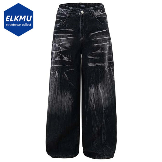 Black Wide Leg Baggy Jeans Lightning Graphic Loose Denim Pants Men's Streetwear Harajuku Hip Hop Jeans Trousers