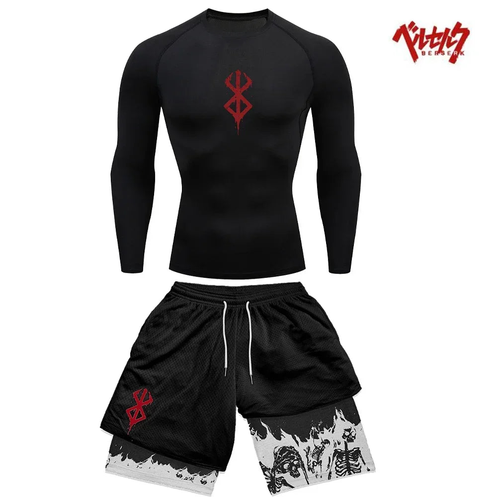 Anime Berserk Compression Set Fitness Suit for Men Quick Dry Compression Shirt+Gym Shorts Running Workout Summer Sportswear