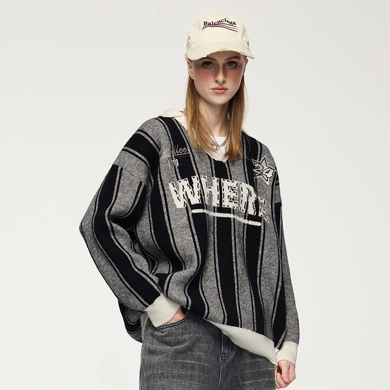 INFLATION Unisex Vertical Stripe Cozy Sweater Retro Sporty Loose Colorblock Knit Pullover Top