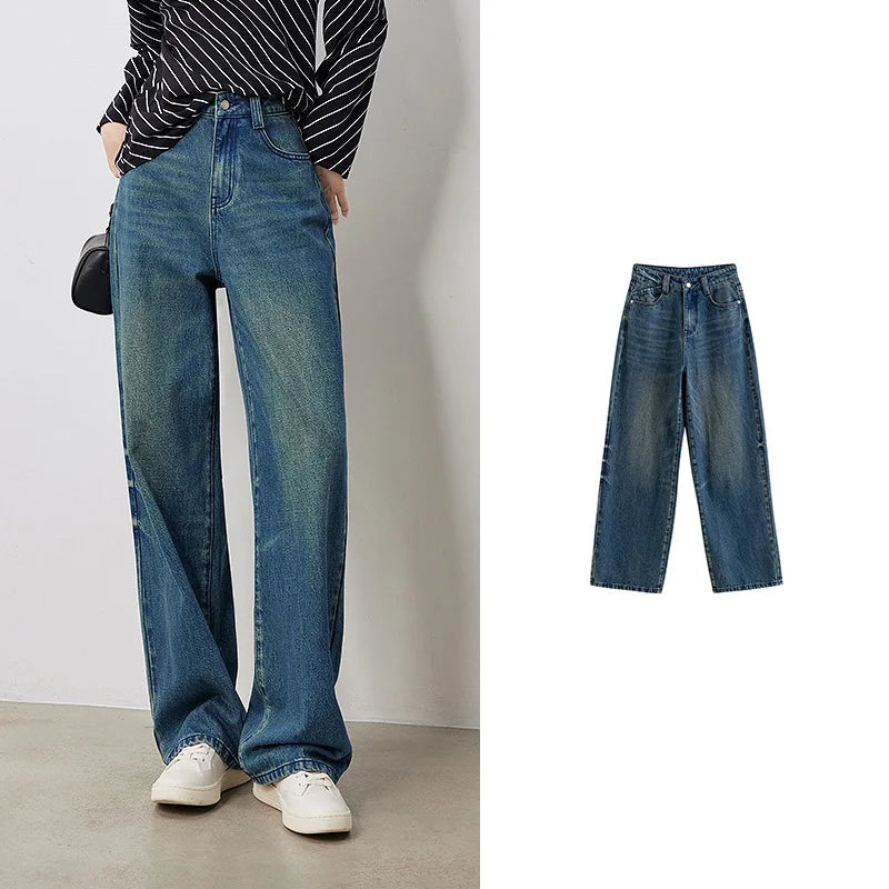 TOYOUTH Women Denim Jeans 2024 Autumn New Yapi Street Wear Stone Wash Wide Leg Straight Fashion Long Pants