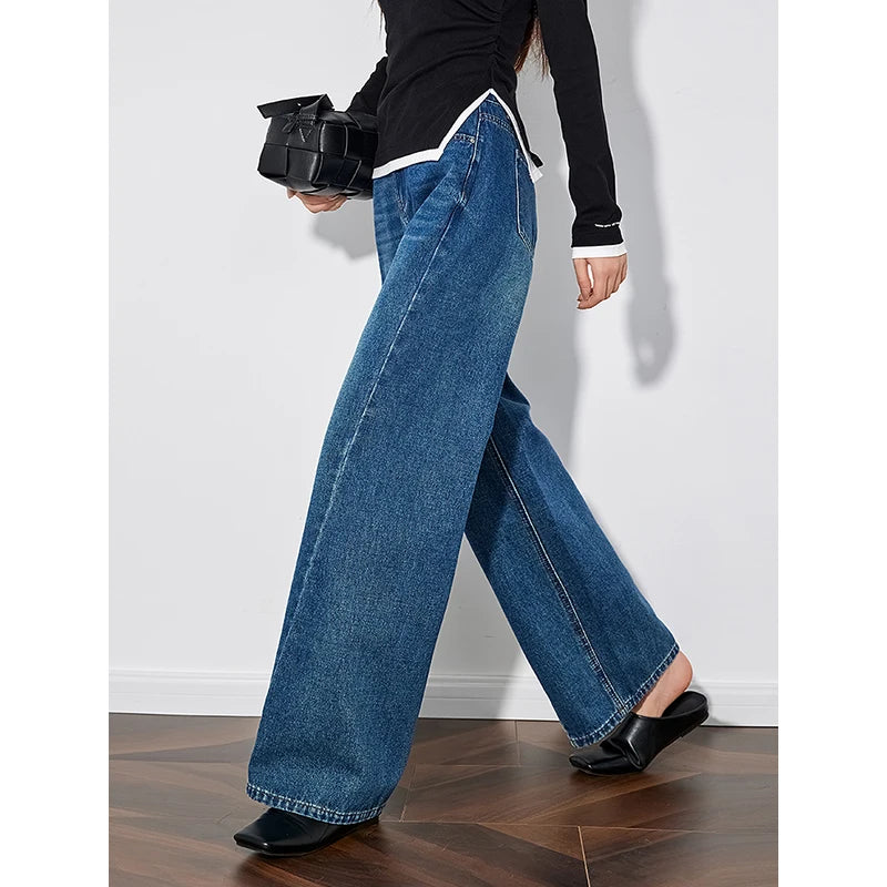 TOYOUTH Women Denim Jeans 2024 Autumn Winter New Cowboy Design Fashionable Mid Waist Straight Wide Leg Long Pants