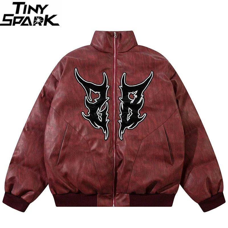 2024 Men Streetwear Vintage PU Leather Jacket Parka Flame Letter Embroidery Harajuku Padded Jacket Cotton Windbreaker Warm Thick