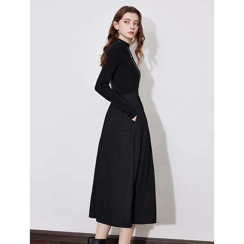 TOYOUTH Women Dress 2024 Autumn Winter New Turtleneck Collar Splicing Mid Length Slim Fit Warm Black Dress