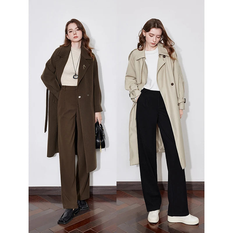 TOYOUTH Women Casual Pants 2024 Autumn and Winter New Mid Waist Workwear Style Straight Woolen Pants