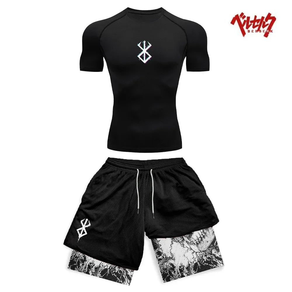 Anime Berserk Compression Set Fitness Suit for Men Quick Dry Compression Shirt+Gym Shorts Running Workout Summer Sportswear