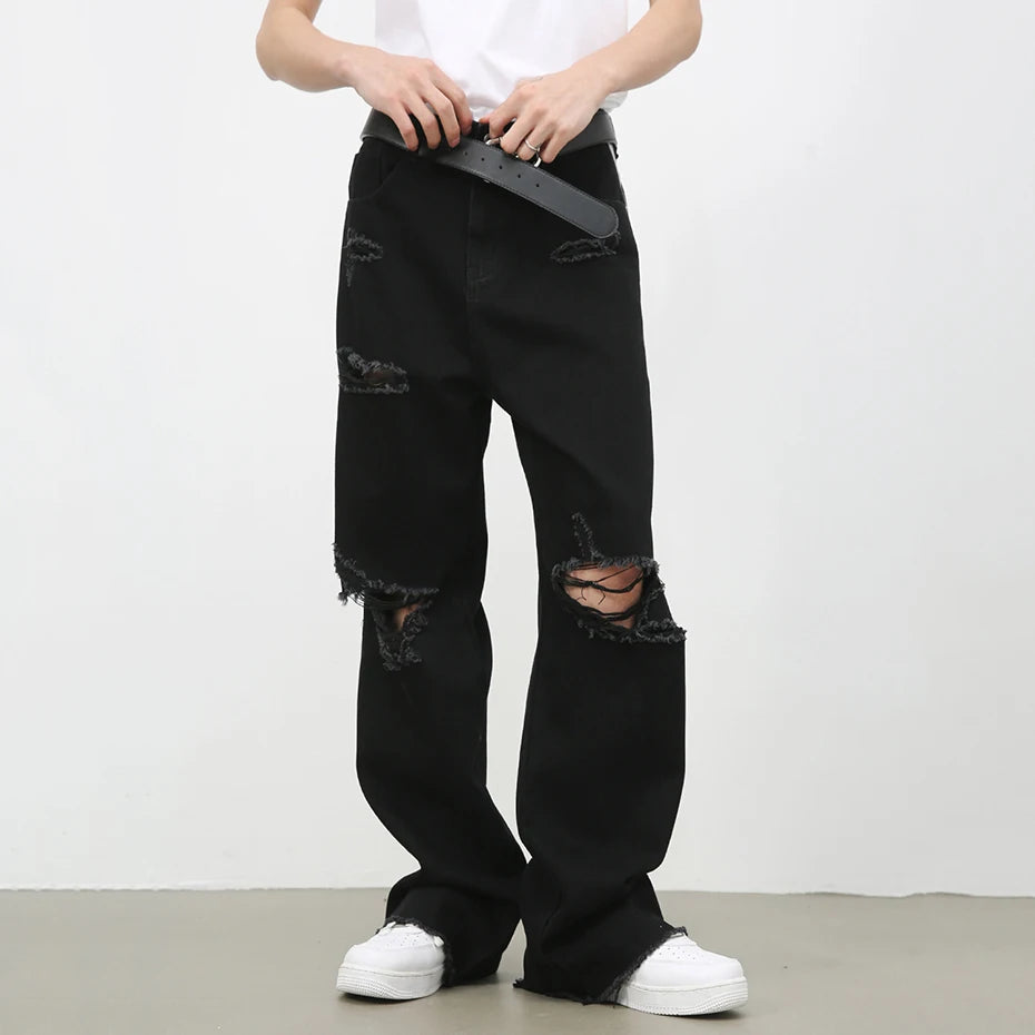 Side Striped Ripped Jeans Men Black Loose Straight Denim Pants 2024 New Fashion Casual Baggy Jeans Trousers Man