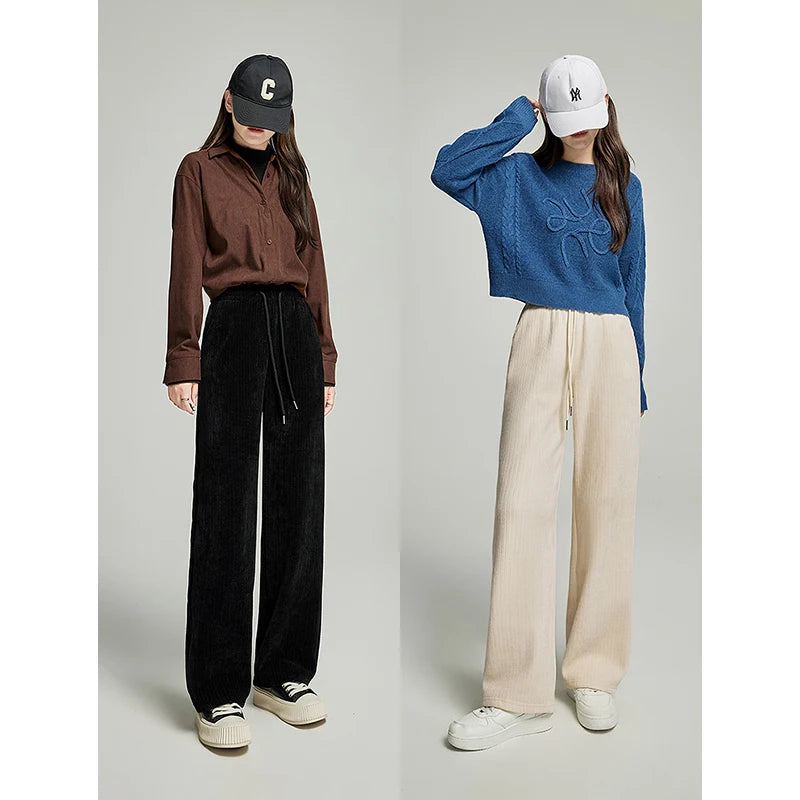 TOYOUTH Fleece Thicken Sweatpant 2024 Spring New Women Solid Color Drawstring Waist Straight Wide-leg Trousers Comfort Pants