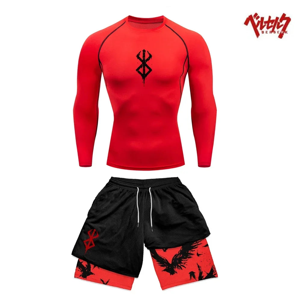 Anime Berserk Compression Set Fitness Suit for Men Quick Dry Compression Shirt+Gym Shorts Running Workout Summer Sportswear