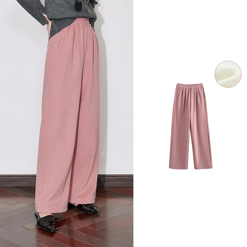 TOYOUTH Women Fleece Casual Pants 2024 Autumn and Winter New Elastic Waist Lazy Style Straight Wide Leg Long Sweatpants