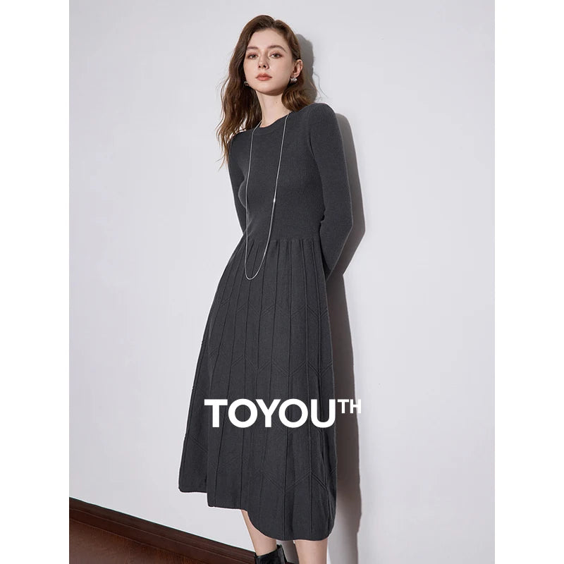 TOYOUTH Women Knitted Dress 2024 Autumn Winter New Long Sleeve Thicking Warm Slim Waist Woolen Dress Gray