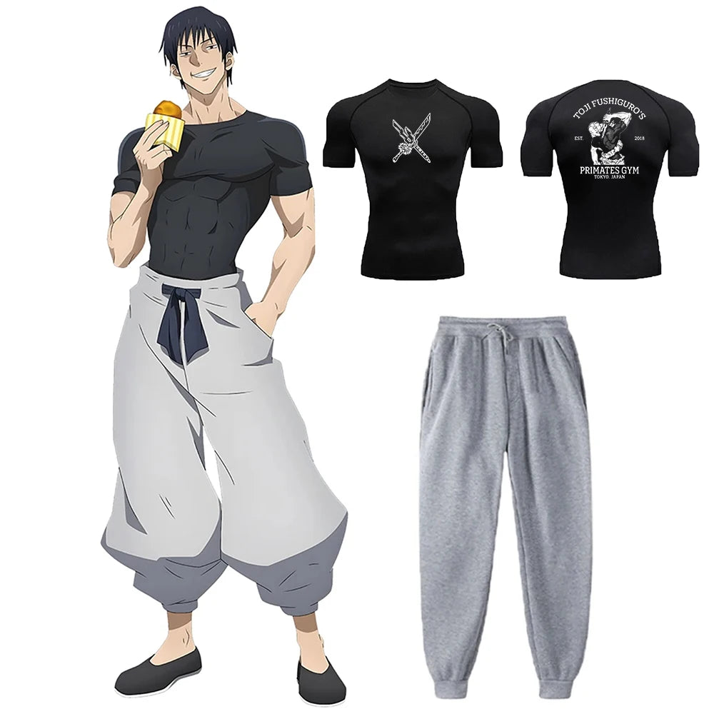 Anime Jujutsu Kaisen Toji Compression Shirt Set Casual Performance Set Men's Athletic Workout Quick Dry Tee+Sweatpants Unisex