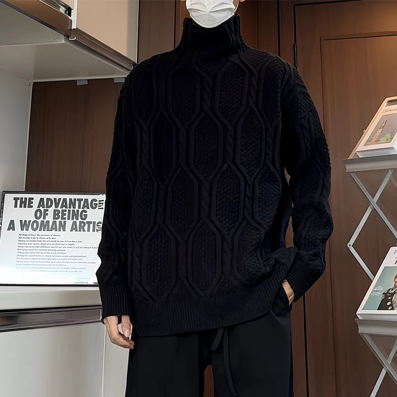 LAPPSTER Winter Turtleneck Sweater Men Luxury Long Sleeve Pullovers 2024 New In Y2k Oversized Graphic Knitted Sweater Black