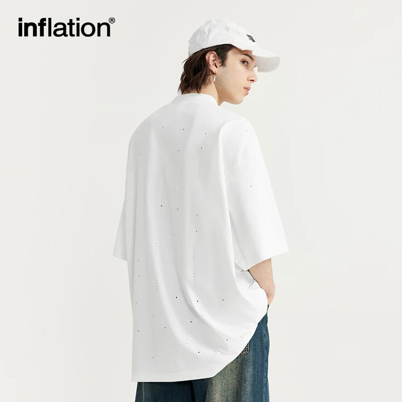 INFLATION Streetwear Ripped Tees Men Heavyweight Mock Neck Oversized Cotton Tshirts