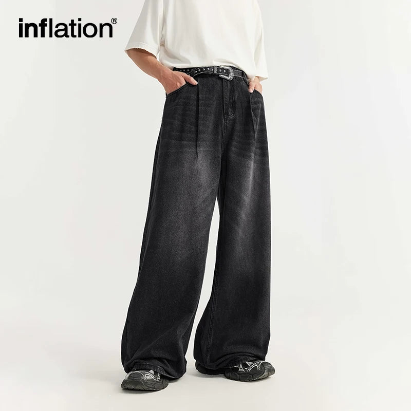 INFLATION High Street Wide Leg Jeans Men Washed Baggy  Denim Trousers