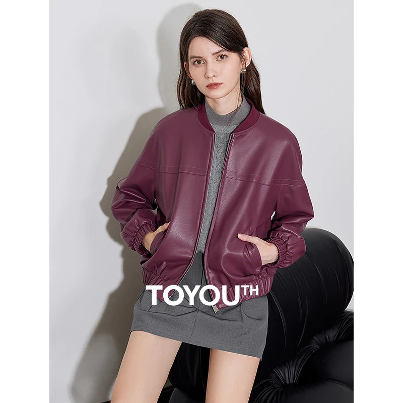 TOYOUTH Women Leather Jacket 2024 Autumn New Ankora Red Zipper Closure Motorcycle Style Retro Short Flight Jacket Coat