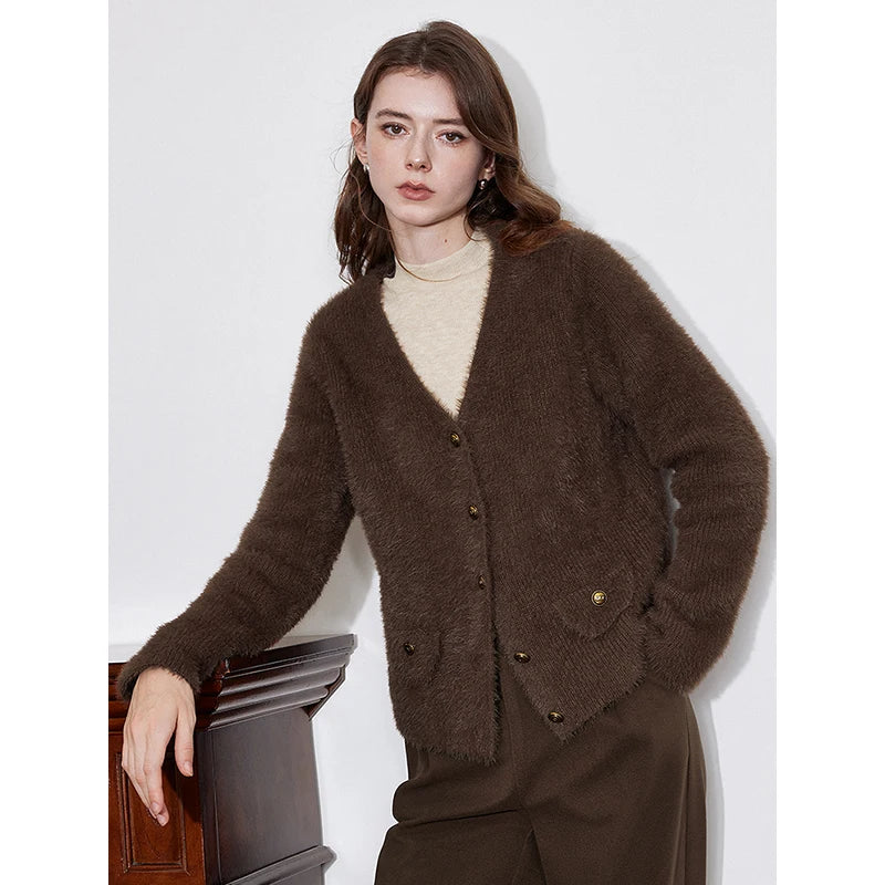 TOYOUTH Women Knitted Cardigan 2024 Autumn Winter New Old Money Style Fur V Neck Single Breasted Button Sweater