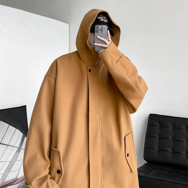 LAPPSTER Black Harajuku Korean Fashion Trench Coat Winter Harajuku Streetwear Woolen Coat Casual Vintage Hooded Jackets Coats