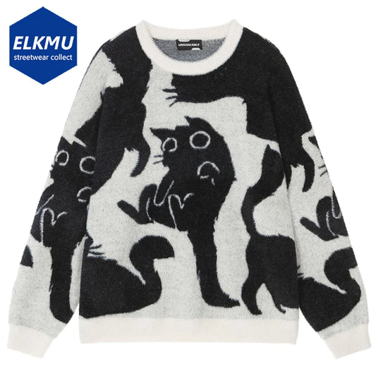 Cartoon Cats Sweater Unisex 2024 New Loose Casual Knitted Sweater Pullover Jumper Harajuku Oversized Hip Hop Sweater Y2K Black