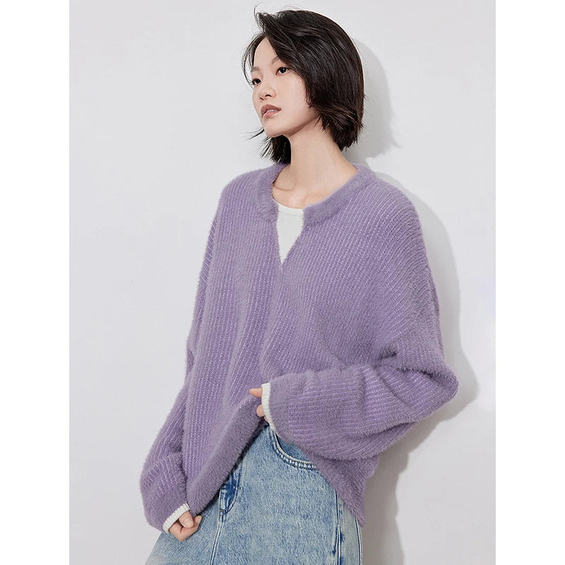 TOYOUTH Women Sweater 2024 Autumn and Winter New Fake Two Piece Fake Fur Soft Long Sleeve Pullover Woolen Sweater